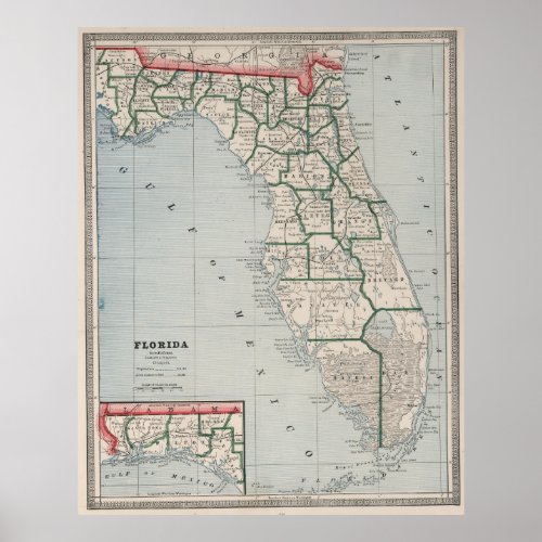 Vintage Map of Florida 1883 Poster