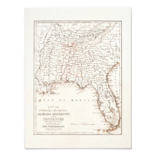 Vintage Map of Florida Alabama Georgia Mississippi Photo Print