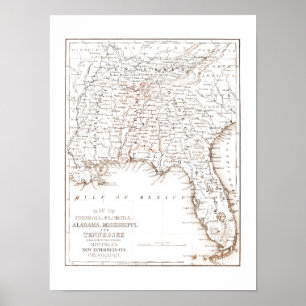 Vintage Map of Florida Alabama Georgia Mississippi Poster