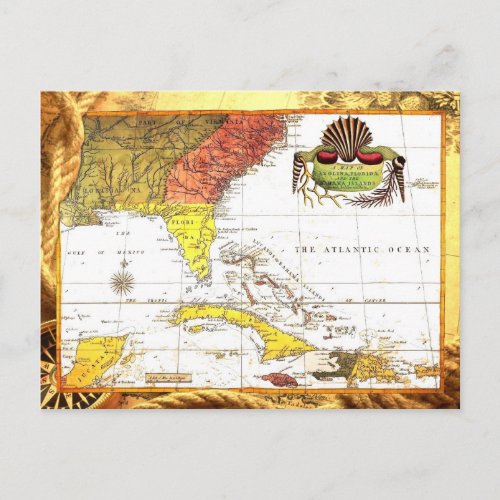 Vintage Map of Florida and The Caribbean Postcard
