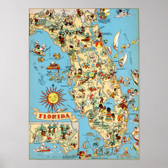 1953 FLORIDA pictorial map historic buildings places interest fish POSTER 8692 