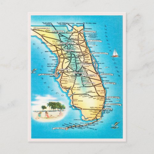 Vintage Map of Florida Travel Postcard