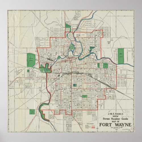 Vintage Map of Fort Wayne Indiana 1919 Poster