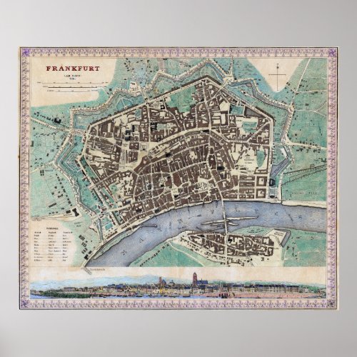 Vintage Map of Frankfurt Germany 1845 Poster