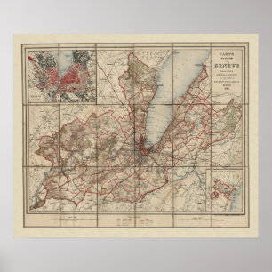 Vintage Map of Geneva circa 1900  Poster