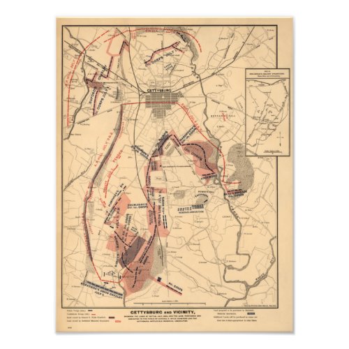 Vintage Map of Gettysburg and Vicinity July 1863 Photo Print