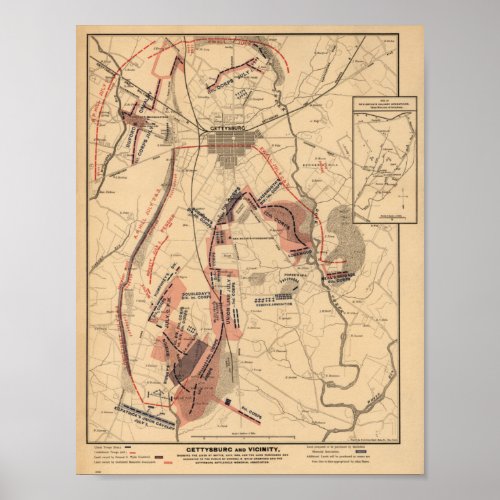 Vintage Map of Gettysburg and Vicinity July 1863 Poster