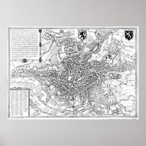 Vintage Map of Ghent Belgium 1650 BW Poster