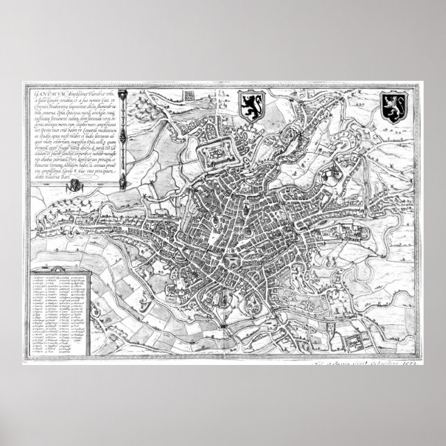 Vintage Map of Ghent Belgium (1650) BW Poster (Front)