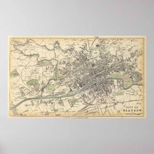 Vintage Map of Glasgow Scotland 1872 Poster