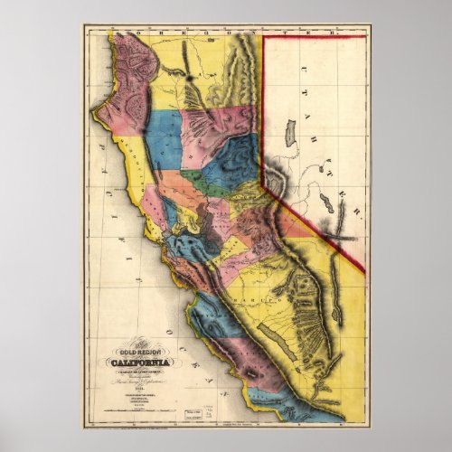Vintage Map of Gold Regions in California 1851 Poster
