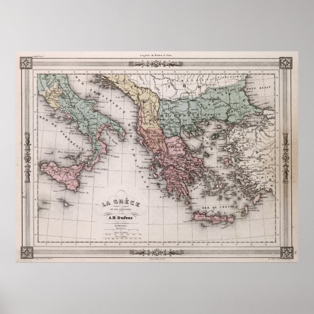 Vintage Map of Greece and Italy (1852) Poster (Front)