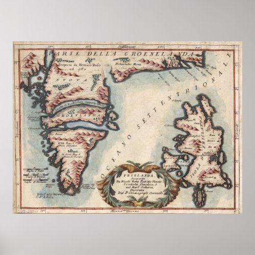 Vintage Map of Greenland and Iceland 1694 Poster