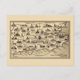 Vintage map of Guildford, Surrey, London, Kent Postcard