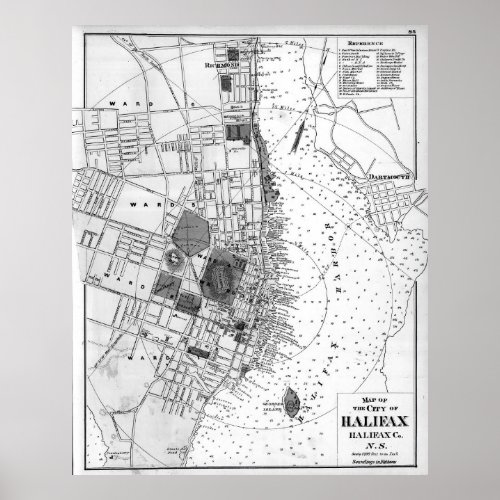 Vintage Map of Halifax Nova Scotia 1878 BW Poster