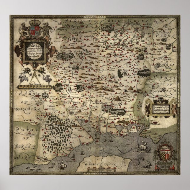 Vintage Map of Hampshire England (1575) Poster (Front)