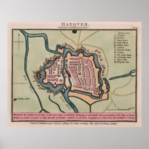 Vintage Map of Hanover Germany 1800 Poster