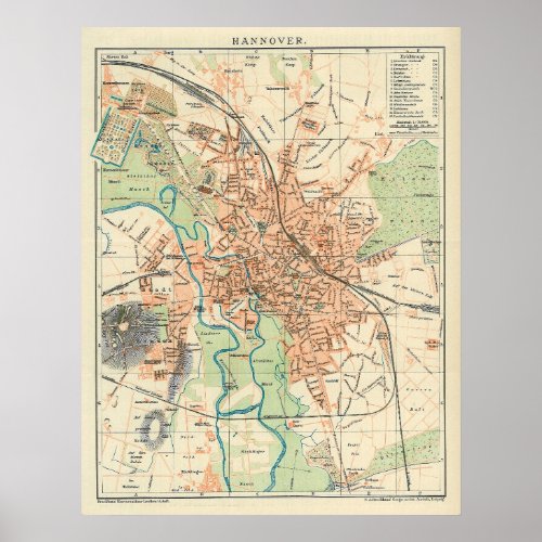 Vintage Map of Hanover Germany 1895 Poster