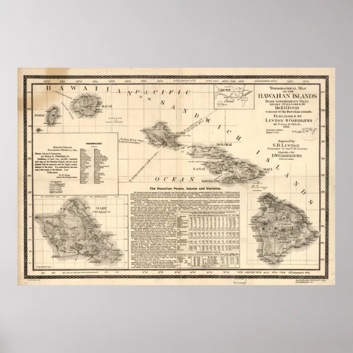 Map of The Hawaiian Islands Hawaii 1876 Antique Reprint Print/Poster 