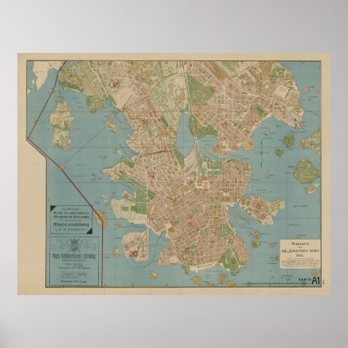 Vintage Map of Helsinki Finland 1916 Poster