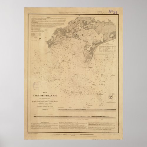 Vintage Map of Hyannis Harbor MA 1850 Poster