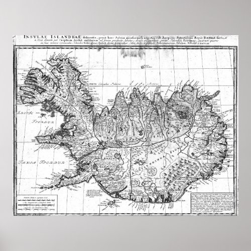Vintage Map of Iceland 1761 BW Poster