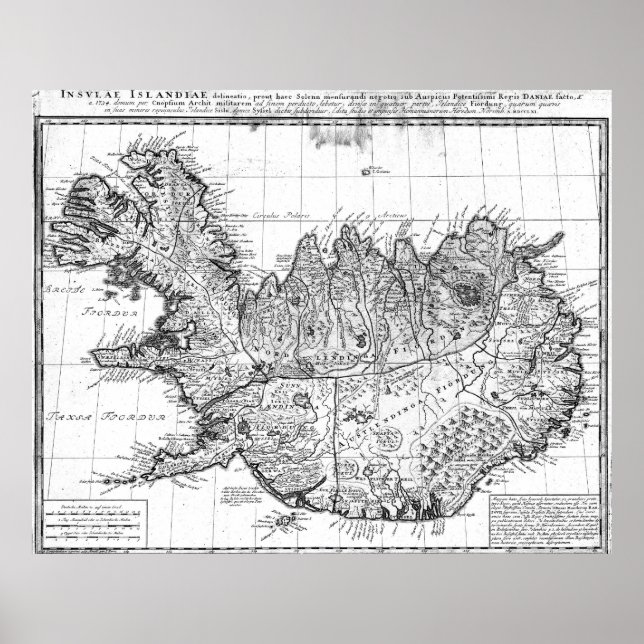 Vintage Map of Iceland (1761) BW Poster (Front)