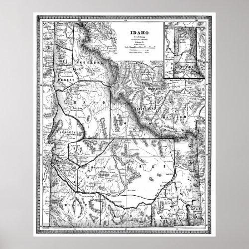 Vintage Map of Idaho 1883 BW Poster