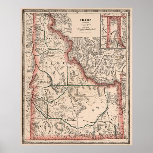 Vintage Map of Idaho 1883 Poster