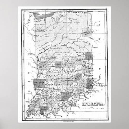 Vintage Map of Indiana 1827 BW Poster