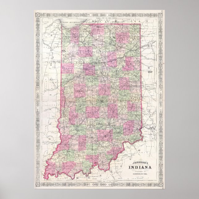 Vintage Map of Indiana (1864) Poster (Front)