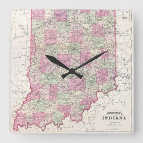 Vintage Map of Indiana 1864 Square Wall Clock