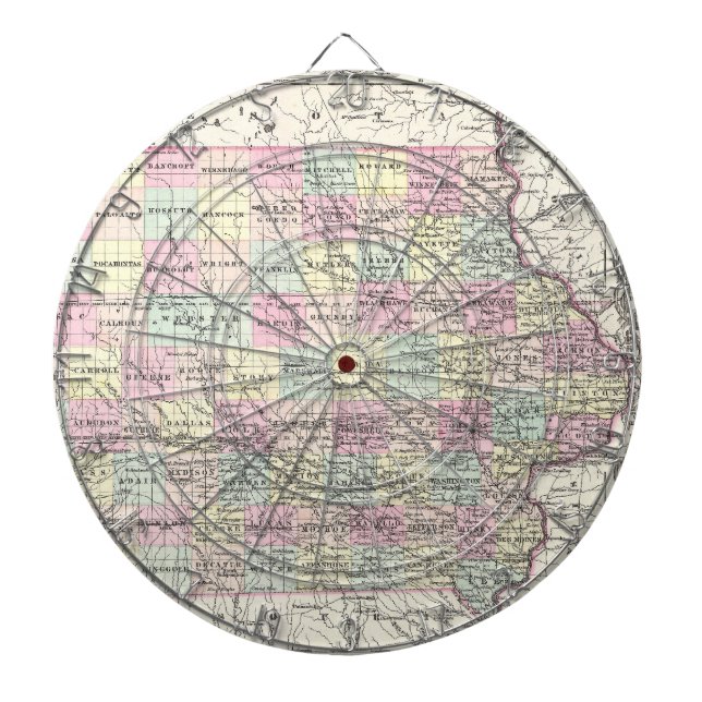 Vintage Map of Iowa (1855) Dartboard With Darts (Front)