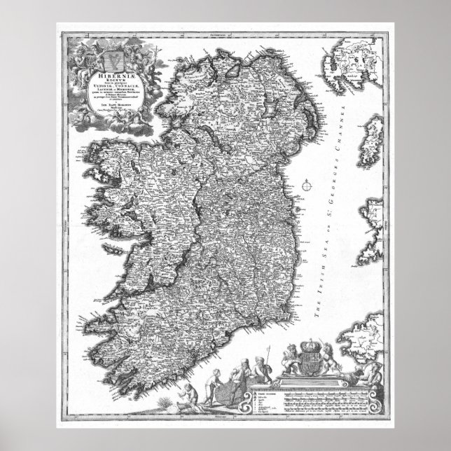 Vintage Map of Ireland (1716) BW Poster (Front)
