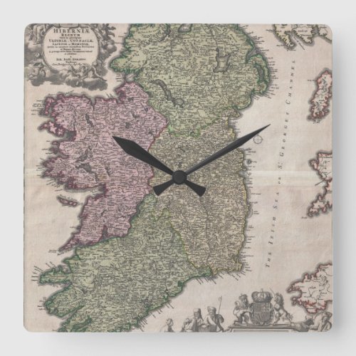 Vintage Map of Ireland 1716 Square Wall Clock