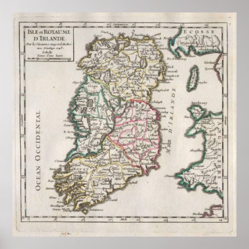 Vintage Map of Ireland 1748 Poster