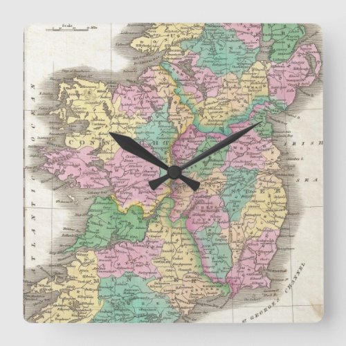 Vintage Map of Ireland 1827 Square Wall Clock