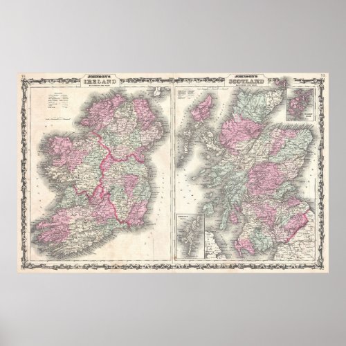 Vintage Map of Ireland and Scotland 1862 Poster
