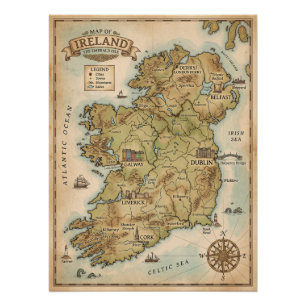 Vintage Map of Ireland - The Emerald Isle Poster
