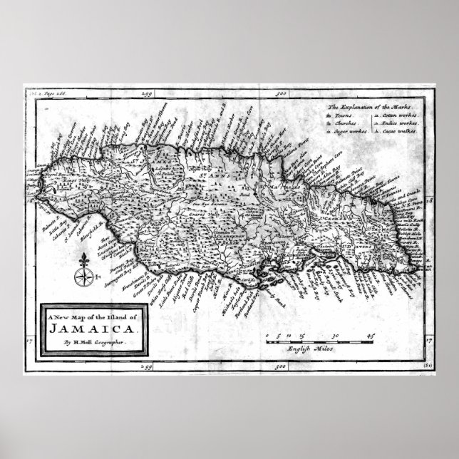 Vintage Map of Jamaica (1771) BW Poster (Front)