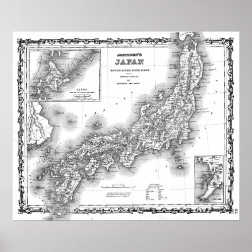 Vintage Map of Japan 1855 BW Poster