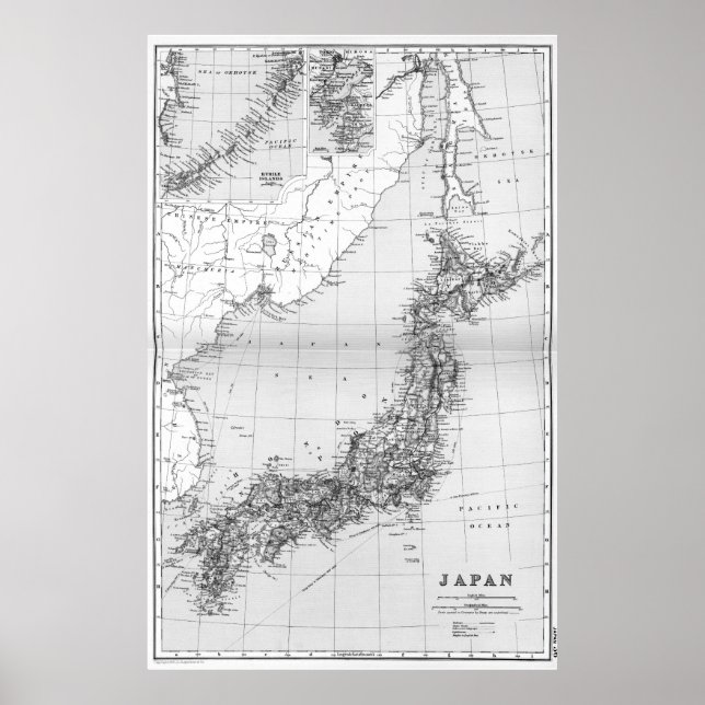 Vintage Map of Japan (1892) BW Poster (Front)