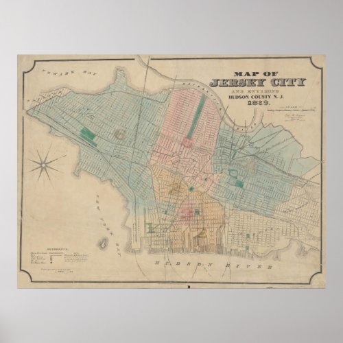 Vintage Map of Jersey City NJ 1879 Poster