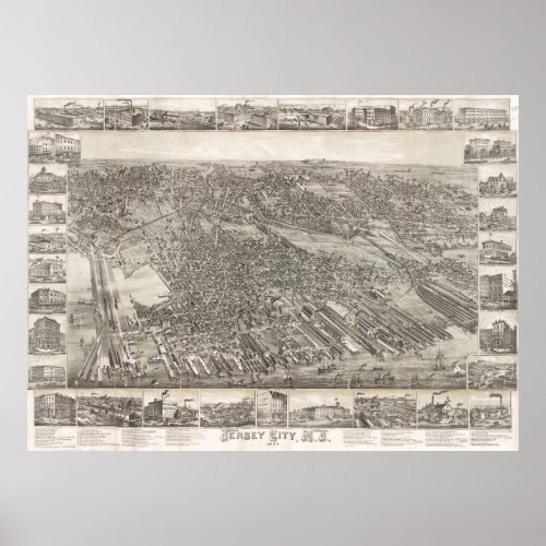 Vintage Map of Jersey City NJ 1883 Poster