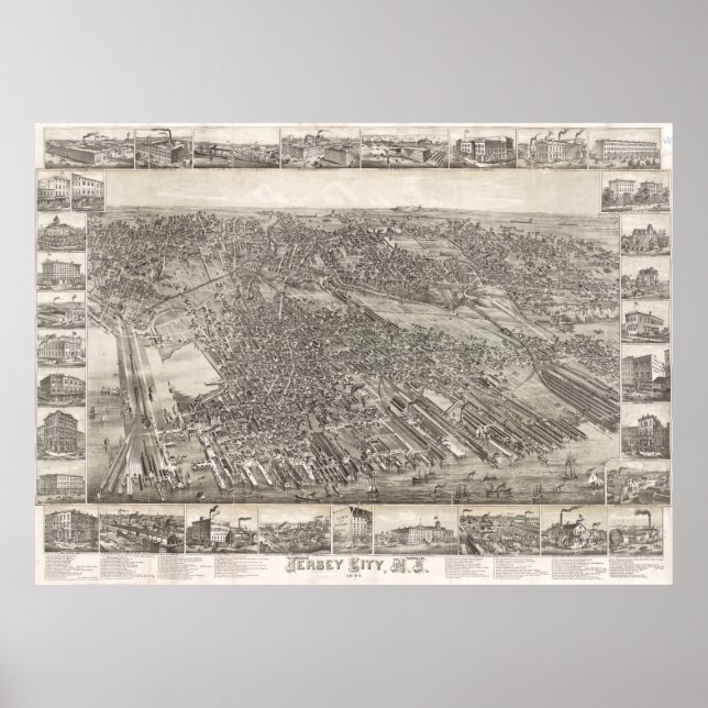 Vintage Map of Jersey City NJ (1883) Poster (Front)