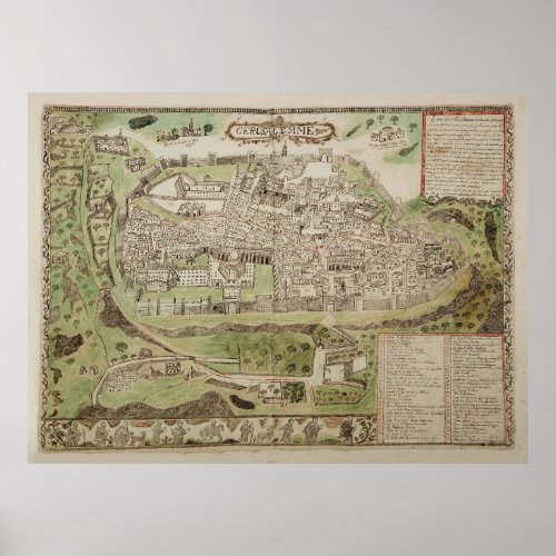 Vintage Map of Jerusalem Israel 16th Century Poster