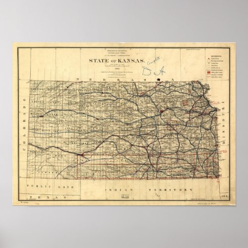 Vintage Map of Kansas 1884 Poster