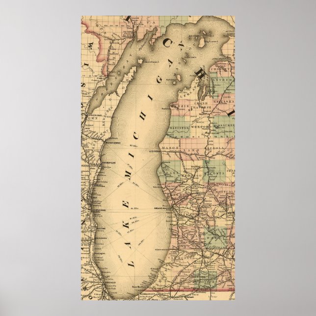 Vintage Map of Lake Michigan (1876) Poster (Front)