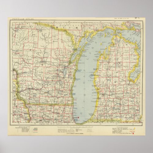 Vintage Map of Lake Michigan 1883 Poster