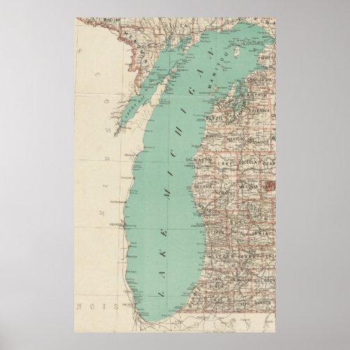 Vintage Map of Lake Michigan 1888 Poster